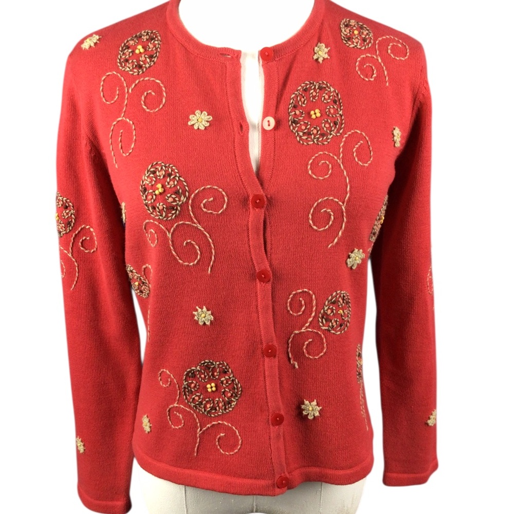 Talbots Embroidered Salmon Pink Red Women's Sweater Cardigan